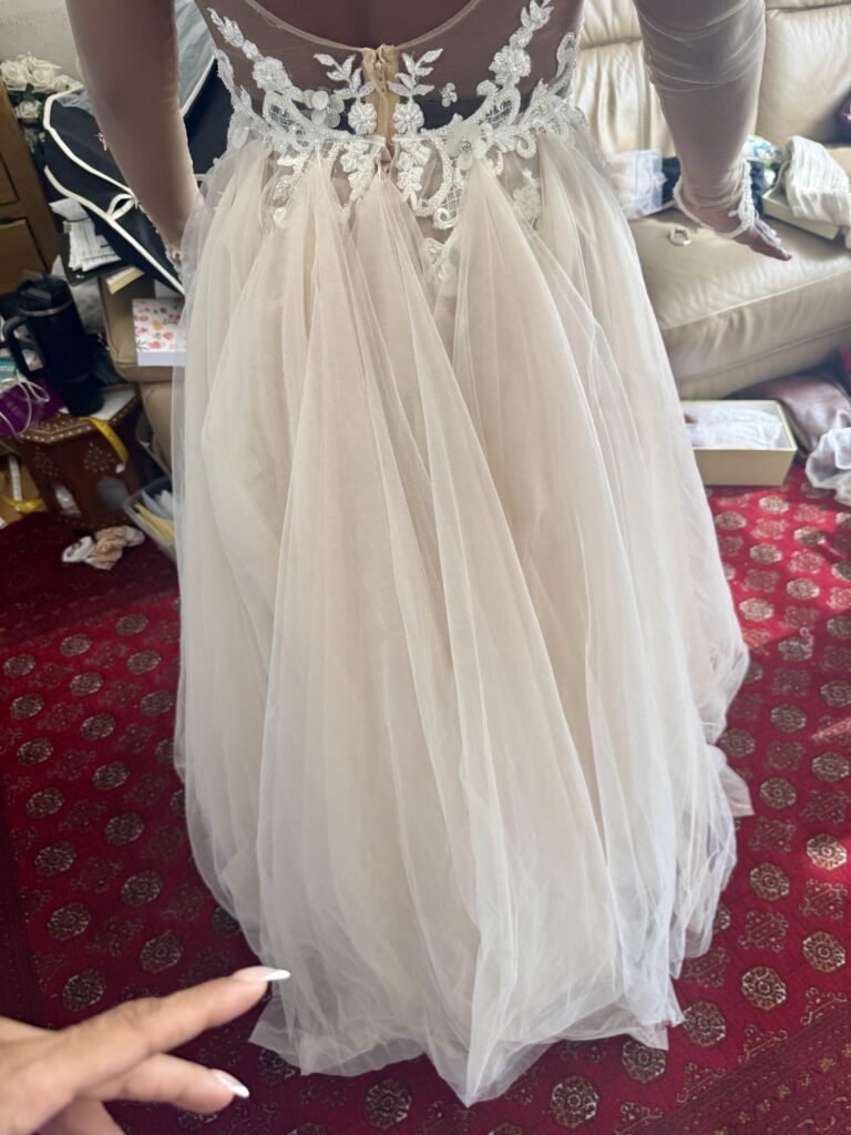 Five-point American bustle created on a layered Berta Muse Nila wedding dress Orpington Wedding dress Alterations.