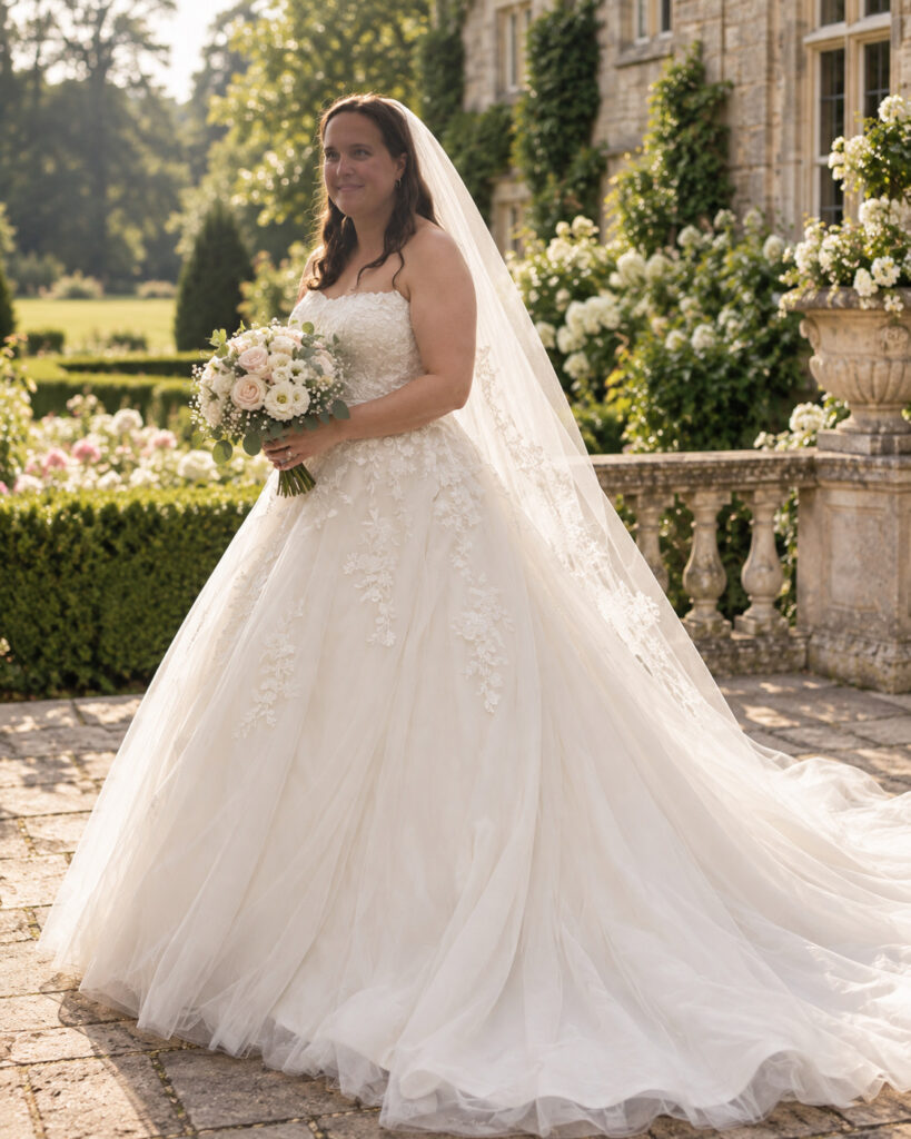 wedding day look of bride in her Amika weddimg dress WED2B fulham bridal alterations.