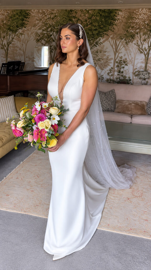Raynes Park Wedding Dress Alterations front view with train at the back as worn on Wedding day by my Stunning Bride on her big day.