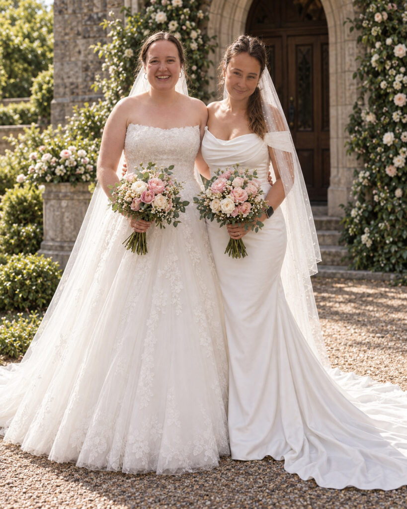 WED2B wedding dress alterations Fulham brides together on wedding day ceremony.