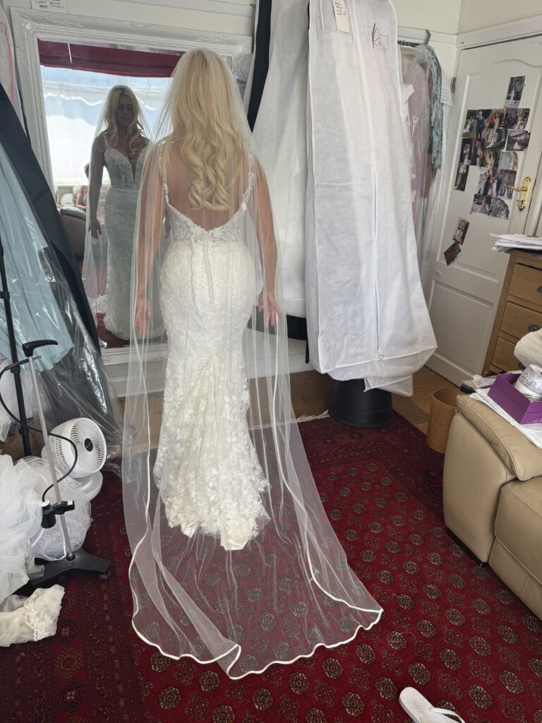 Hackbridge bride wearing Danielle Couture wedding dress back view bridal alterations for Cyprus wedding