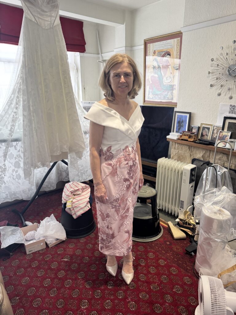 Mother of the Bride’s Veni Infantino Dress Alterations travelling from Salisbury to my Studio in Greater London.