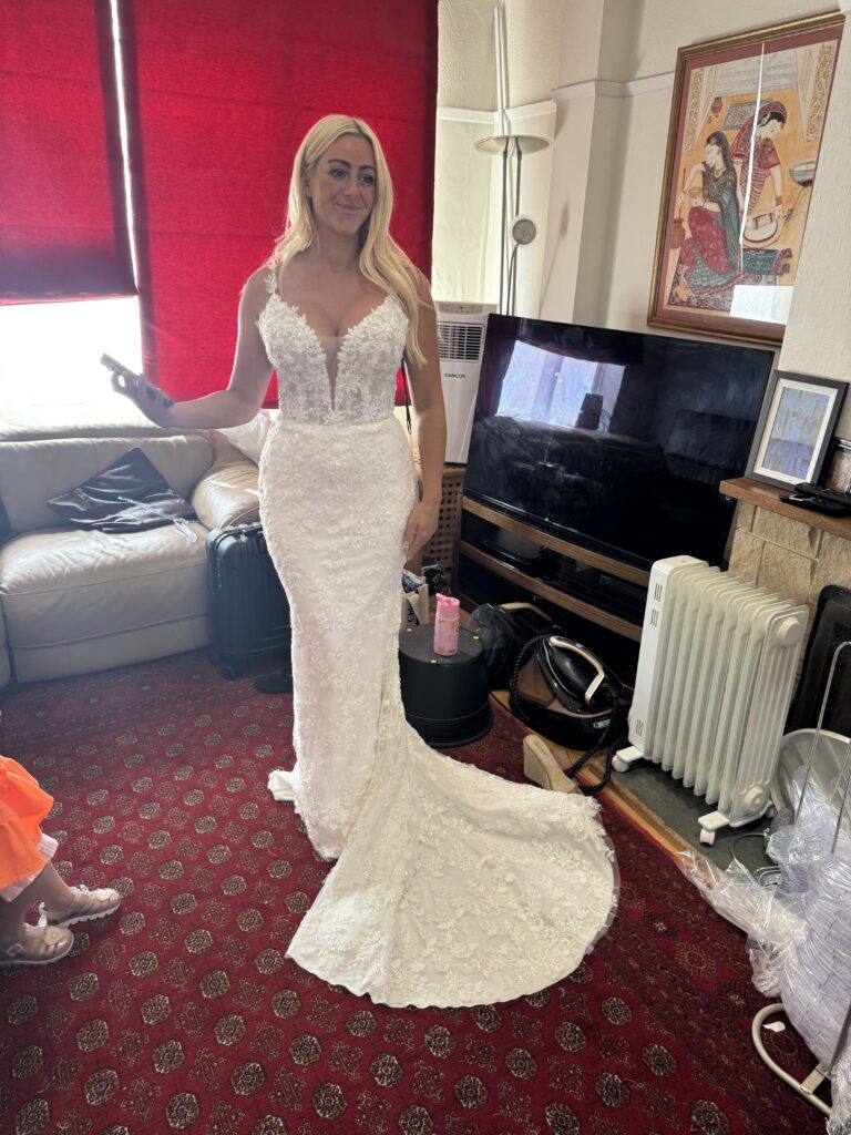 Hackbridge bride in altered Danielle Couture lace wedding dress for her destination Cyprus wedding
