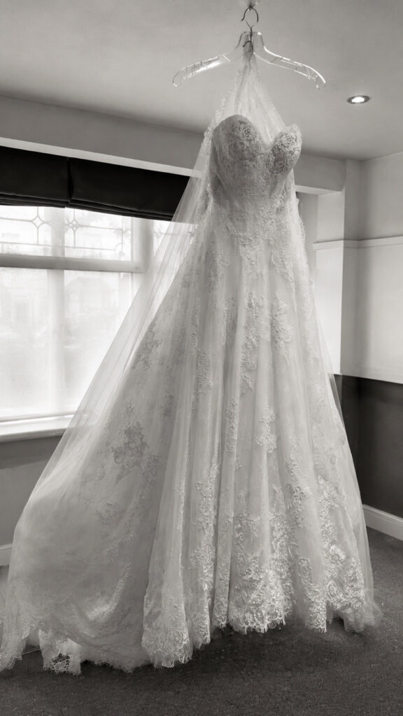 Mercia wedding dress with mantilla cathedral veil hanging after professional steam pressing