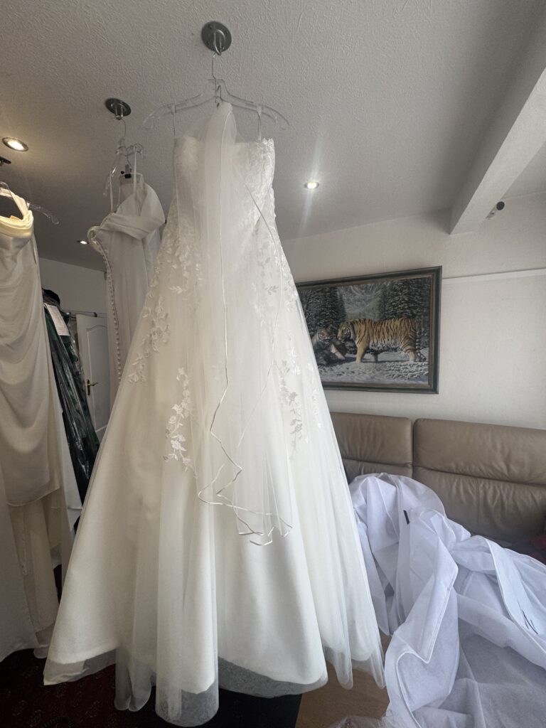 WED2B wedding dress alterations Fulham steam pressed Amika dress and veil
