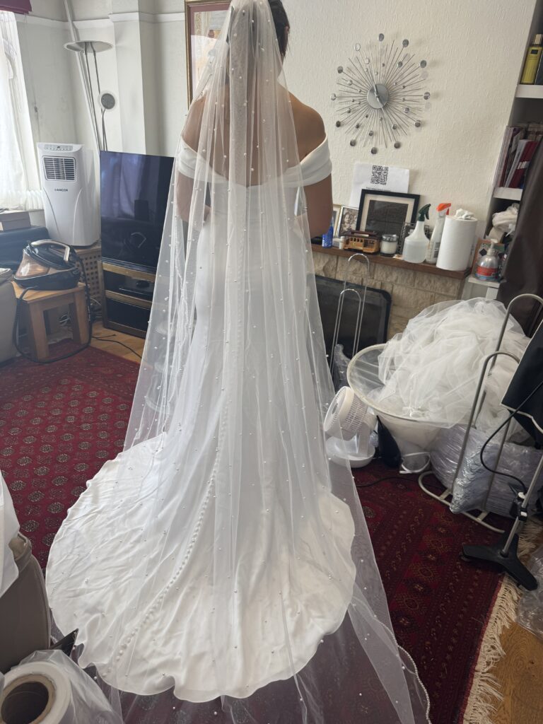 luka dress with pearl veil final fitting try on.