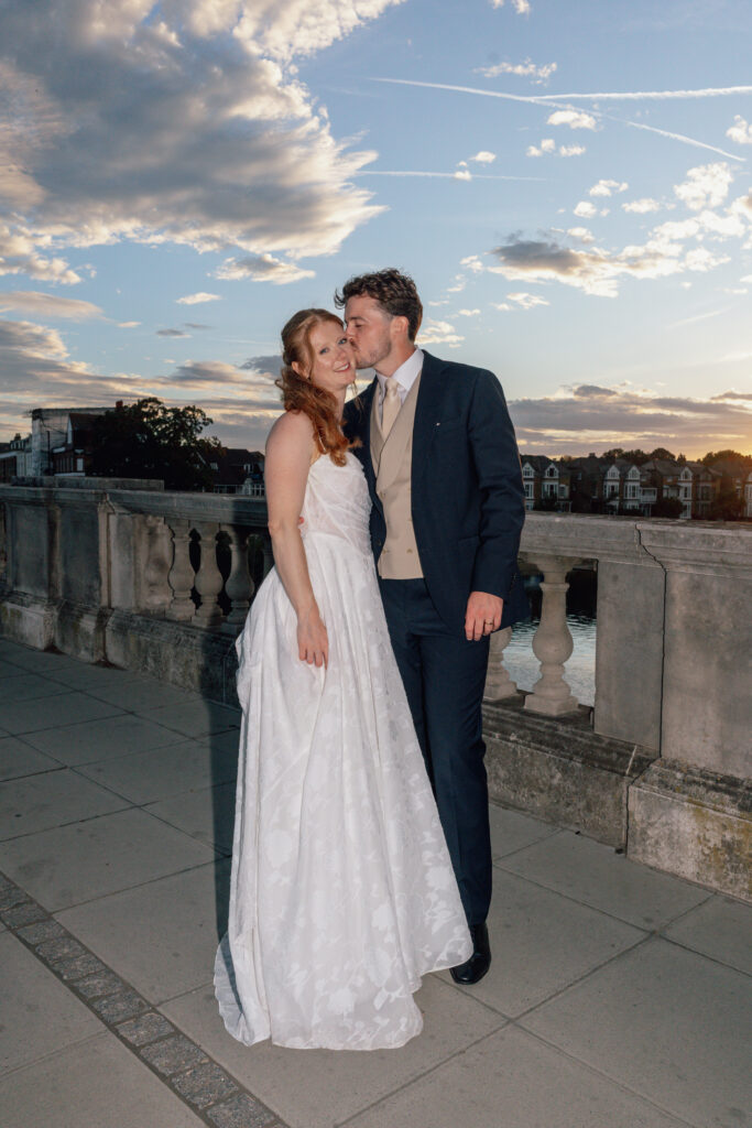 golden hour picture of bride and groom