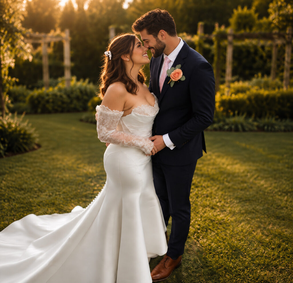 bride and groom on wedding day.