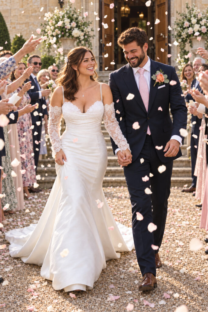Allure Bridals Wedding Dress Alterations for a bride based in Greater London wearing dress during ceremony confetti celebrations.