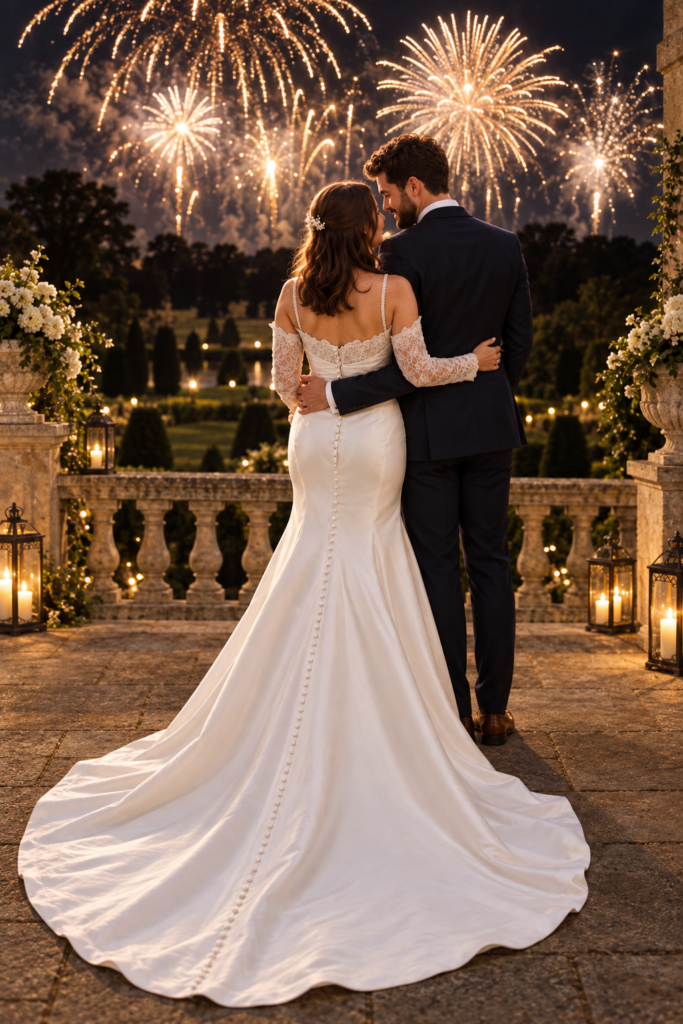 Allure Bridals Wedding Dress Alterations watching fireworks back biew og dress train