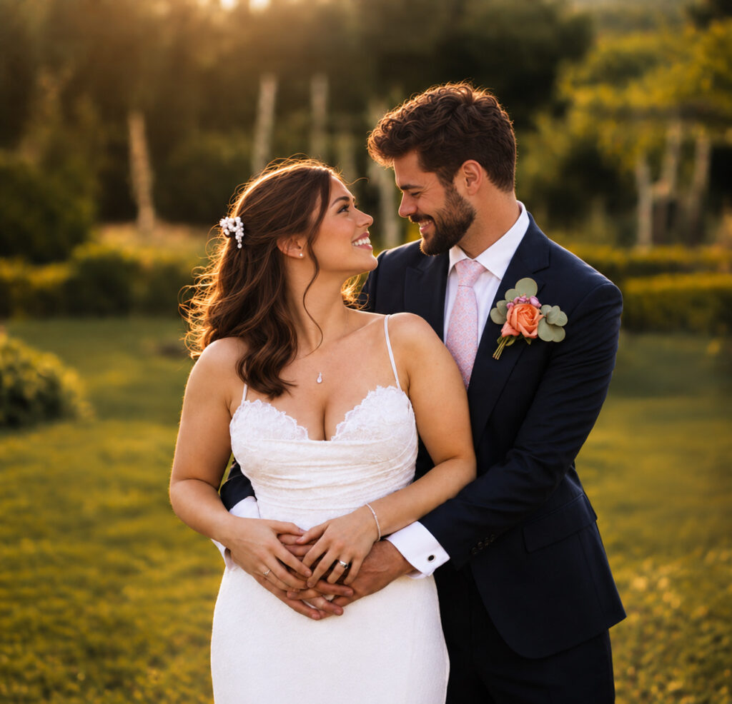 bride wearing dress without sleeves