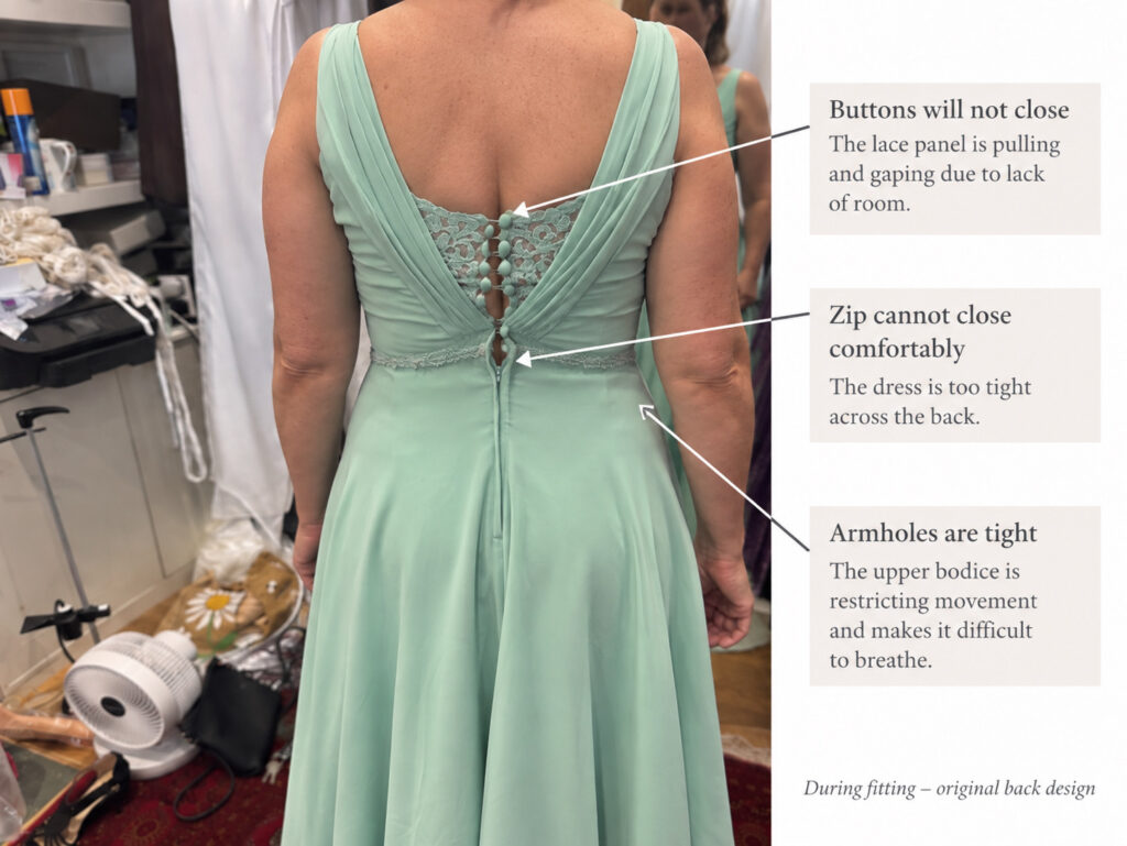 Bridesmaid Dress Alterations Warlingham too tigt to just right by redesigned back closure of the dress.