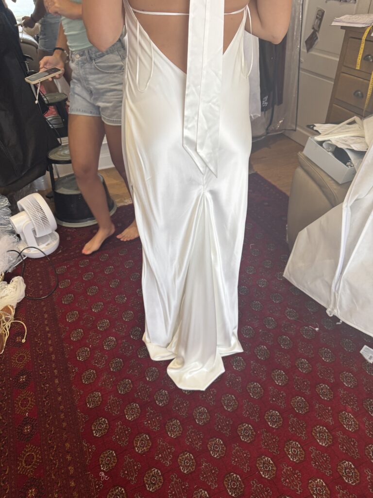 5 point ballroom bustle on Grace Loves Lace Bridal alterations Goldie halter dress.
