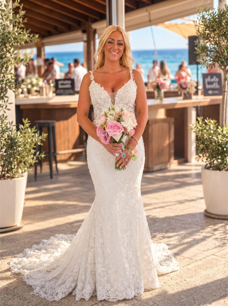 Hackbridge bride wearing Danielle Couture wedding dress after bridal alterations for Cyprus wedding