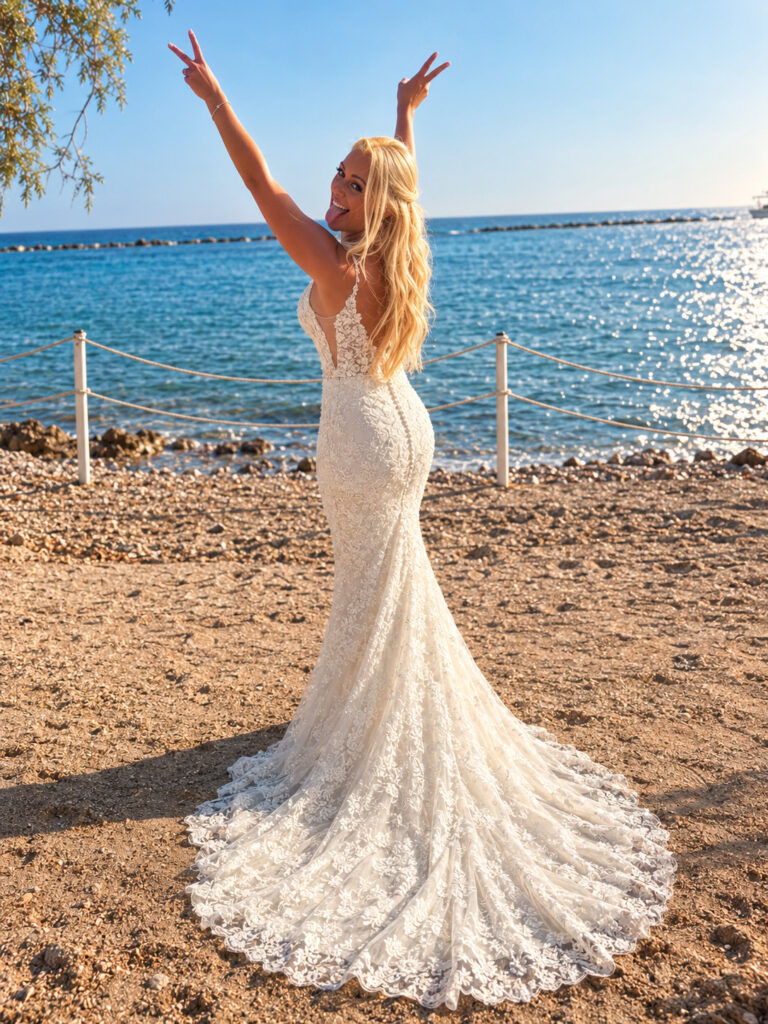Hackbridge bride in altered Danielle Couture lace wedding dress at her Cyprus wedding