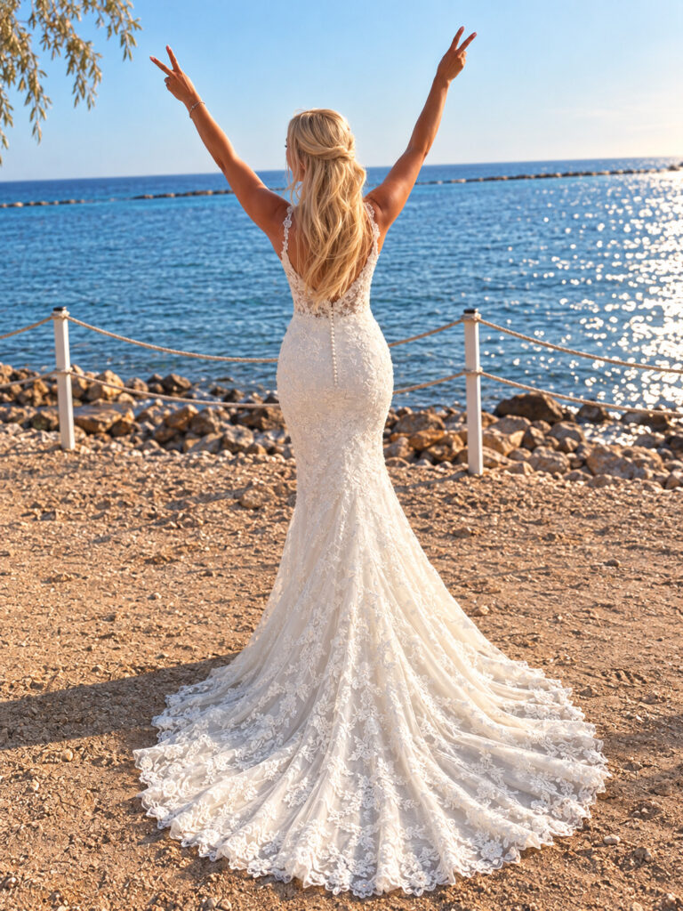 Hackbridge bride in altered Danielle Couture lace wedding dress at her Cyprus wedding back view