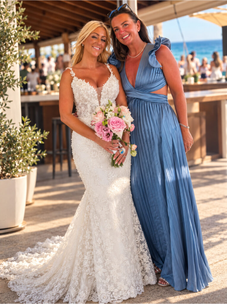 Hackbridge bride in altered Danielle Couture lace wedding dress at her Cyprus wedding with friend.