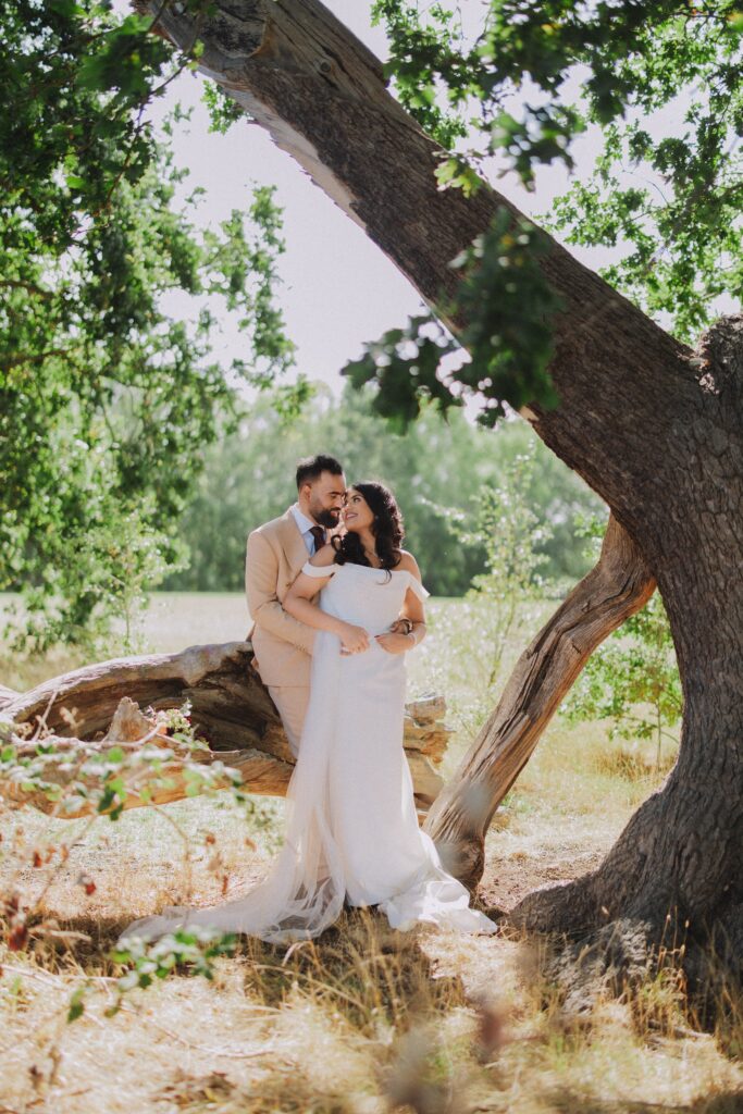Bride and groom together beneath a large tree, showing the full gown in a natural wedding setting