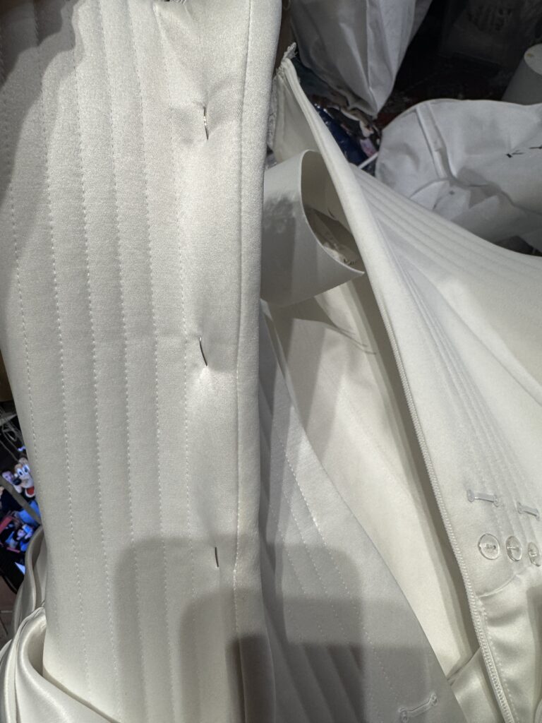 inner corset construction of the Kyha Eaton wedding dress showing Domette layer.