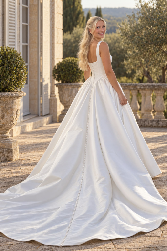 Editorial portrait of Emilie wearing her altered Milla Nova Ermana wedding dress
bridal transformation.