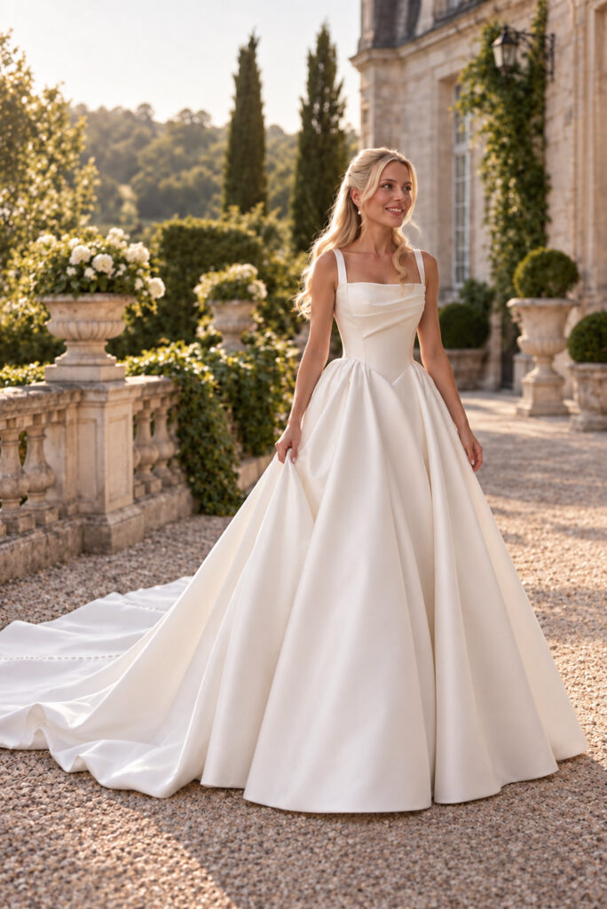Editorial portrait of Emilie wearing her altered Milla Nova Ermana wedding dress travelling from Carshalton to Sutton