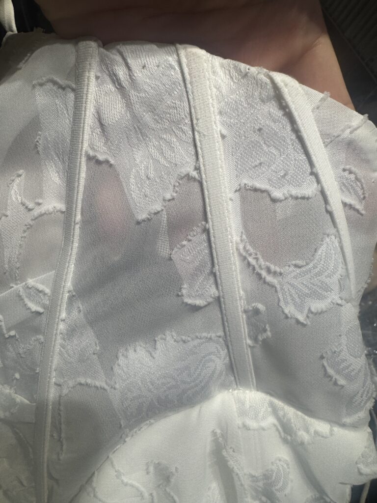 Inside the Stella York 8055 bodice showing boning channels during alterations