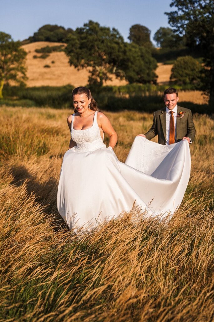 Stella York wedding dress after bridal alterations showing the fitted bodice and train