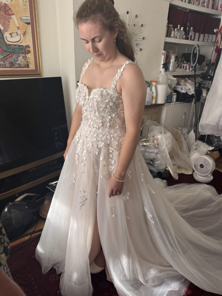 Stella York Crawley Bridal Alterations bride at final fitting at my Sutton Studio.