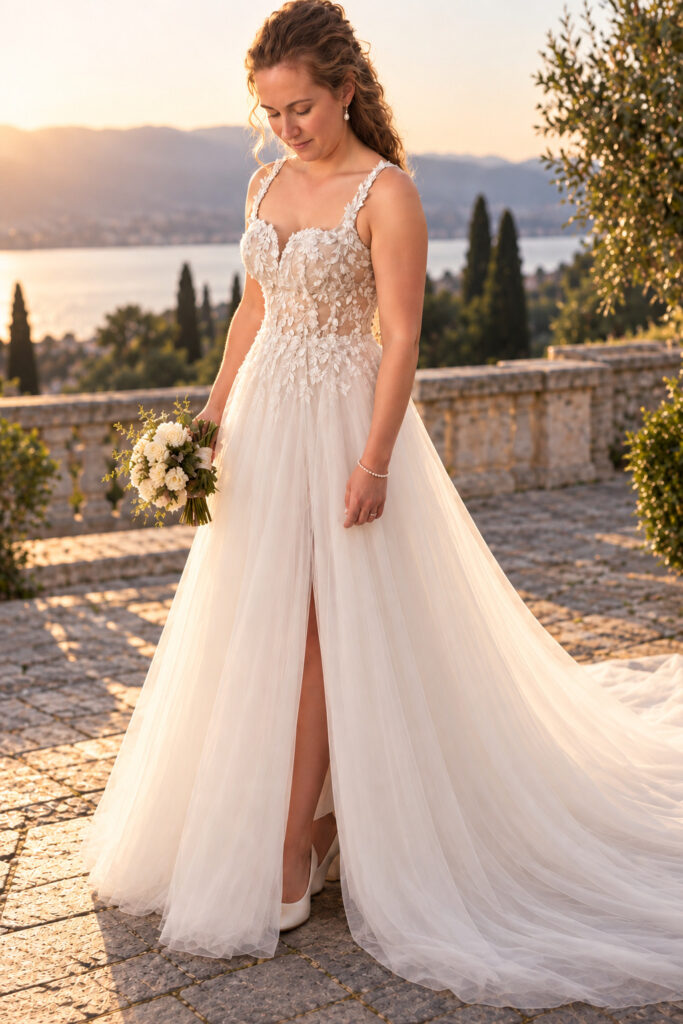 Stella York Crawley Bridal Alterations showing Bride wearing her Stella York lace gown with extended tulle train beside a lake at sunset altered to perfection at my Sutton Studio
