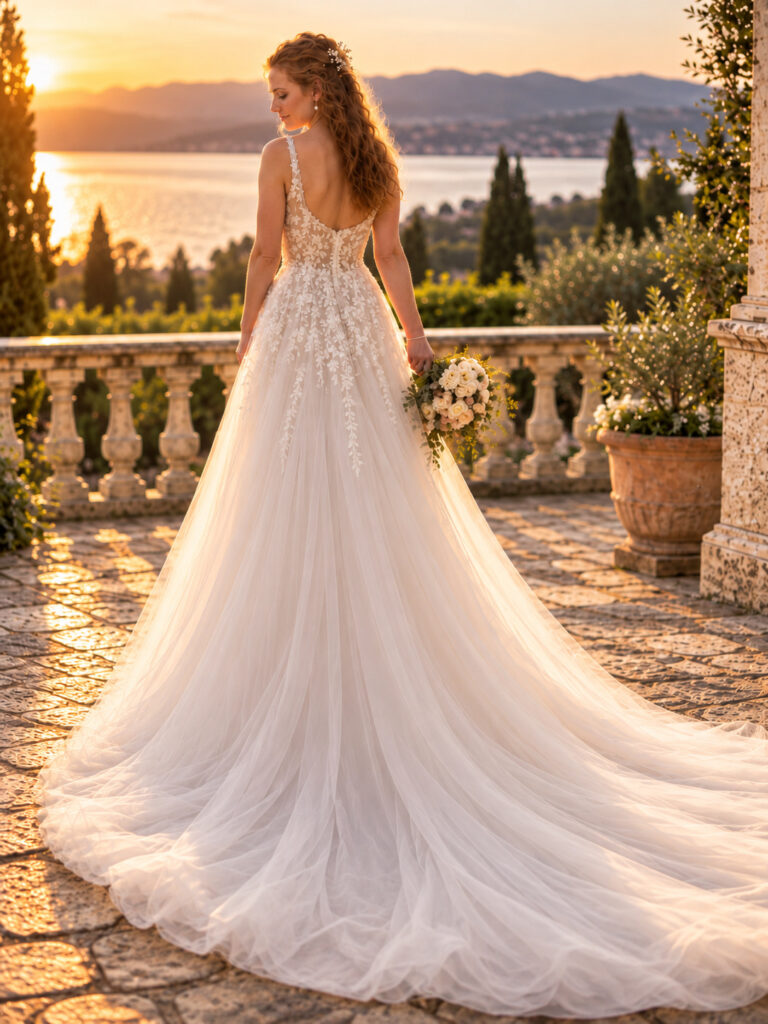 Stella York Crawley Bridal Alterations bride wearing her dress at the wedding back train view.