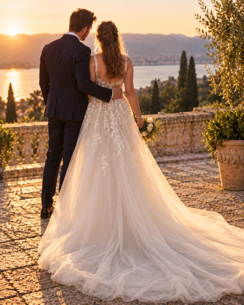 Bride and groom golden hour photo on wedding day