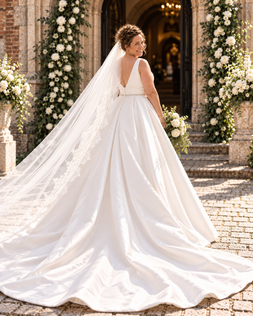 back view showing train and veil with Ivory Mikado fabric detail from Essense of Australia wedding dress