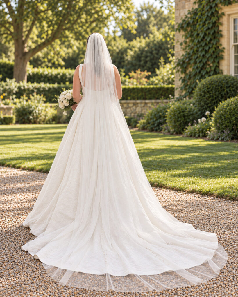 back view of the Florentina dress showing the train and scoop back.