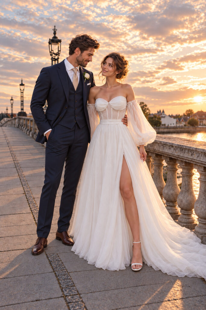 bride and groom golden hour