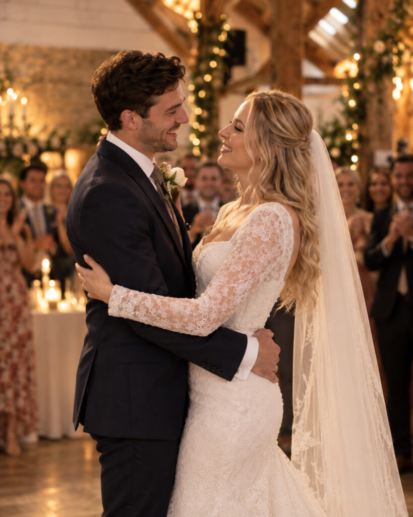 bridal couple dancing in a Pangdean Old Barn-inspired setting, showing long lace sleeves and fitted bodice