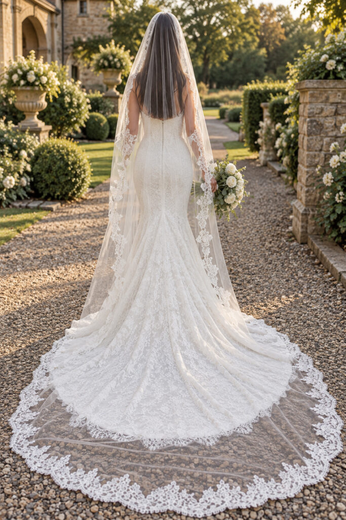 Cobham Bridal Alterations, Bride wearing the WONA Concept Bronx lace wedding dress during alterations, showing the structured corset with long train and cathedral chantilly lace edged veil.