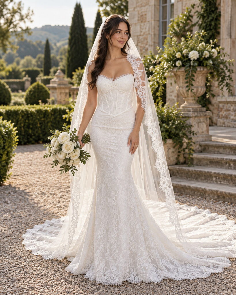 WONA Concept Bronx lace wedding dress, showcasing the fitted silhouette, dramatic train and lace-edged veil at an outdoor wedding venue, illustrating Cobham bridal alterations.