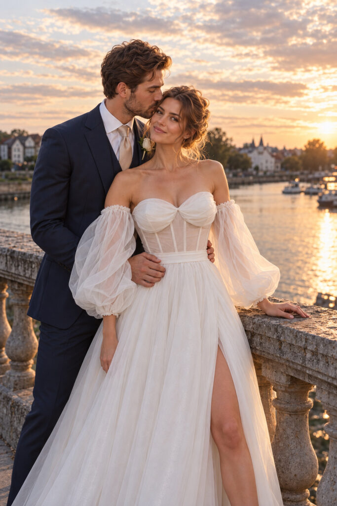 Bride and groom golden hour Bride in her Daria Karlozi wedding dress altered to perfection.
