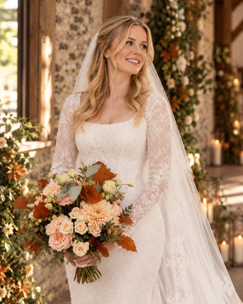 Beautifully fitted Maggie Sottero Ariadne bridal gown with long lace sleeves.