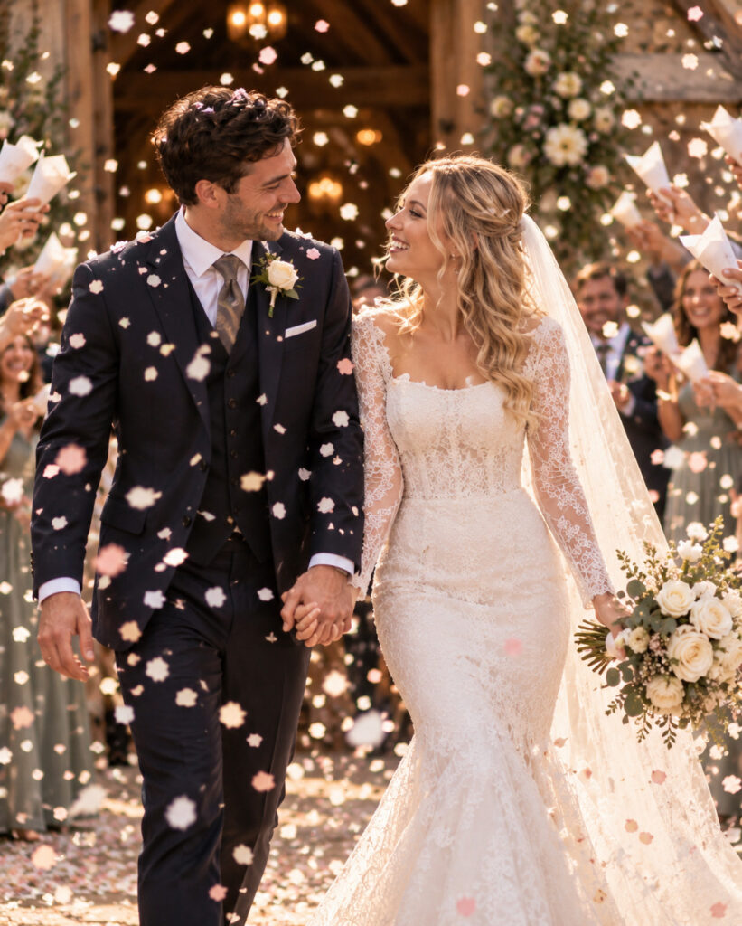Confetti Celebrating Image illustration of wedding day ceremony couple.