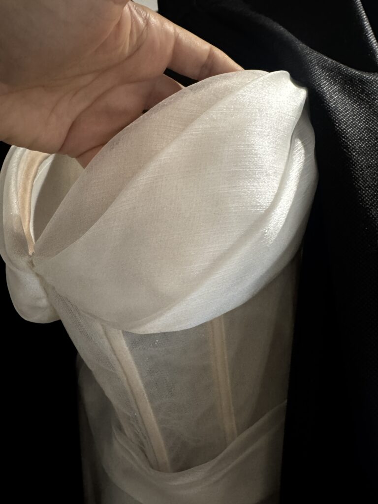 Daria Karlozi wedding dress Vigo completely changed cup reduction & front bodice and split design and addition of back hidden panel as well as bustles.