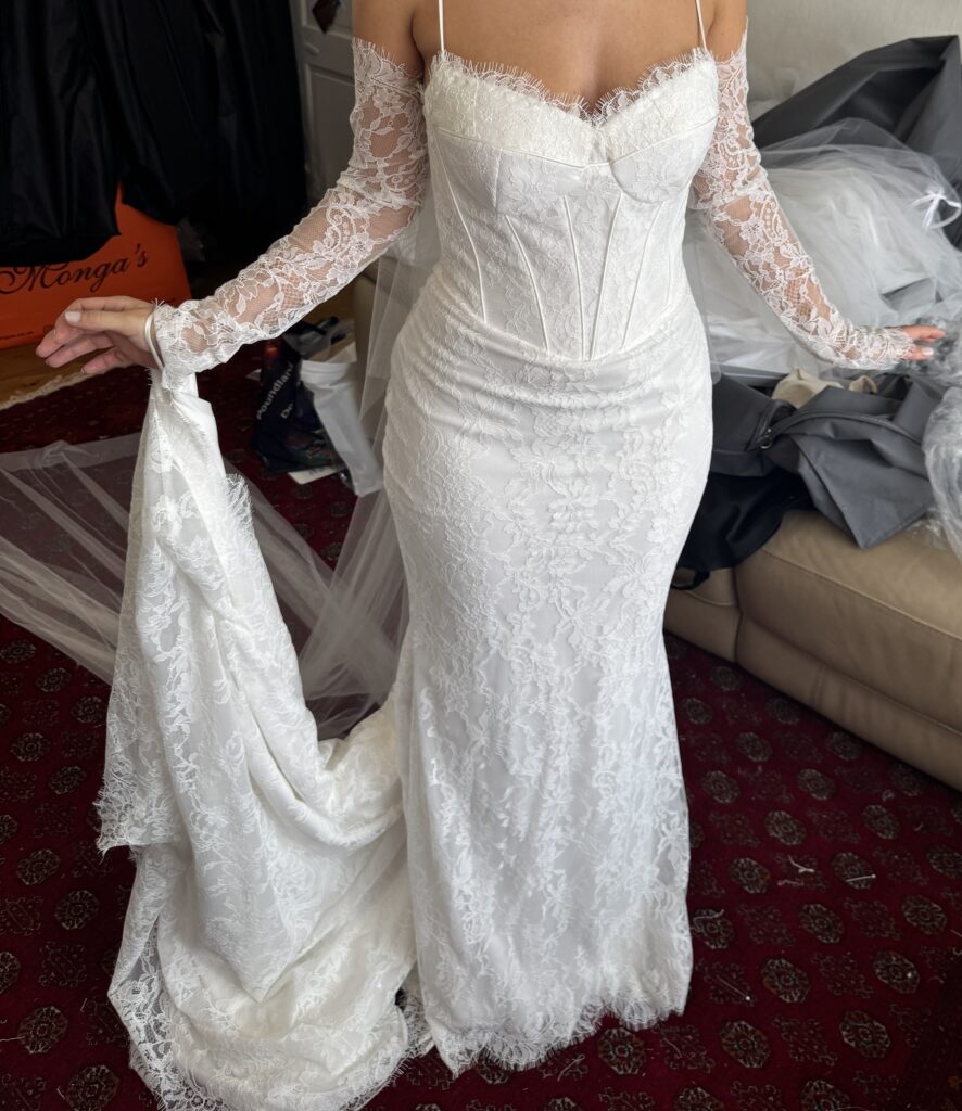 Bride did not want a bustle so a dance loop was added at her request to the train.
