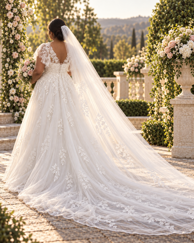 Hayes wedding dress alterations on an Essense of Australia D3529 gown with a redesigned lace neckline and illusion shoulders illustration of wedding day.