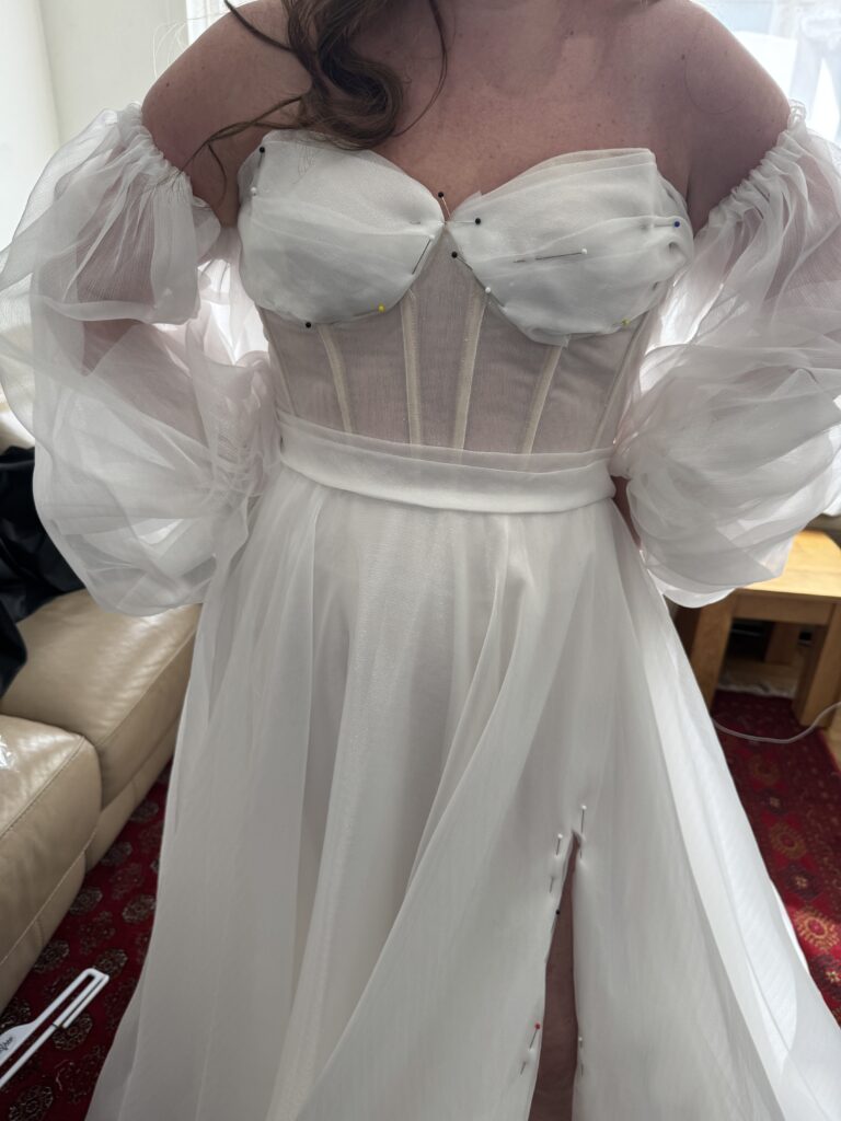 Redhill Bride at My Sutton Studio where front split was cut open all along with completely changing front bodice with bardot sleeves.