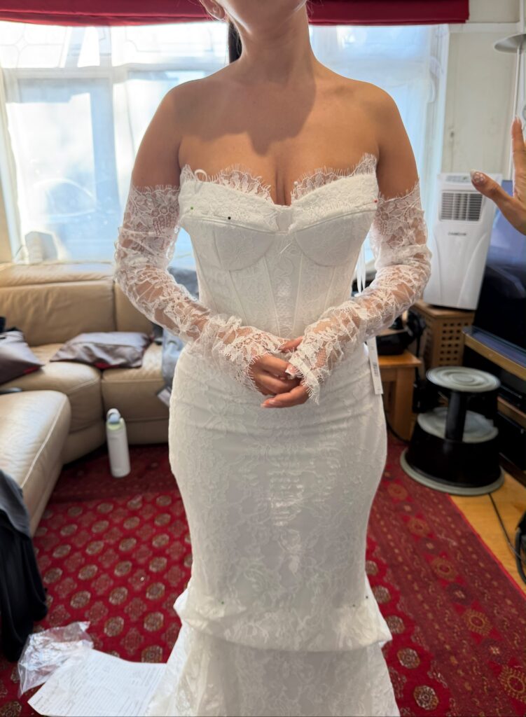 first fitting with pinning of the Wona Concept Bronx Bridal Alterations for a bride who travelled from Cobham to my Studio in Sutton
