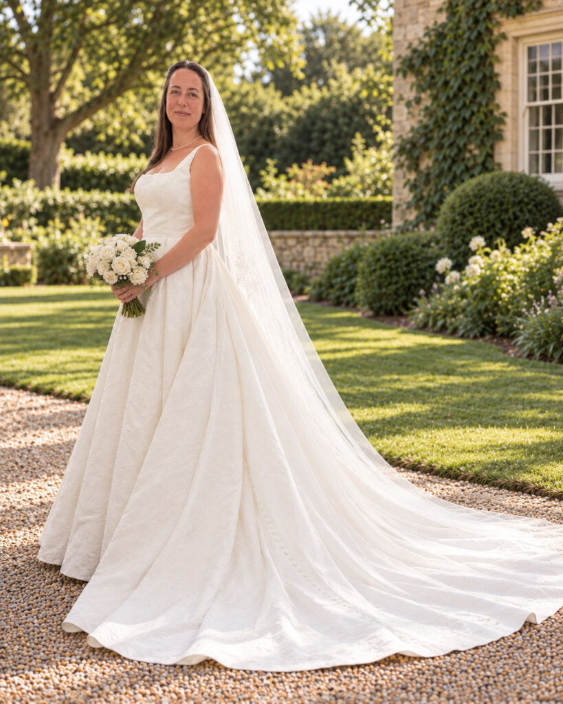 Oxted bride wearing her ivory WED2B Sofia Cruz Florentina ballgown after bridal alterations, Greater London.