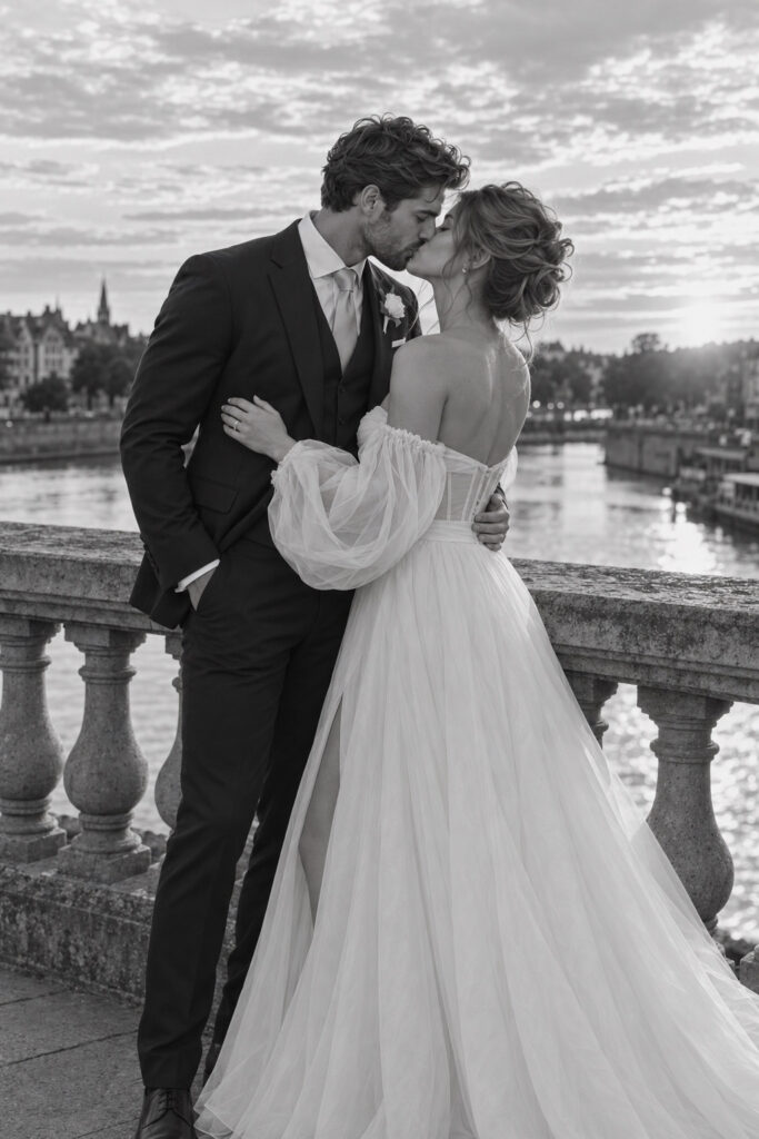 kissing bride and groom on wedding day.