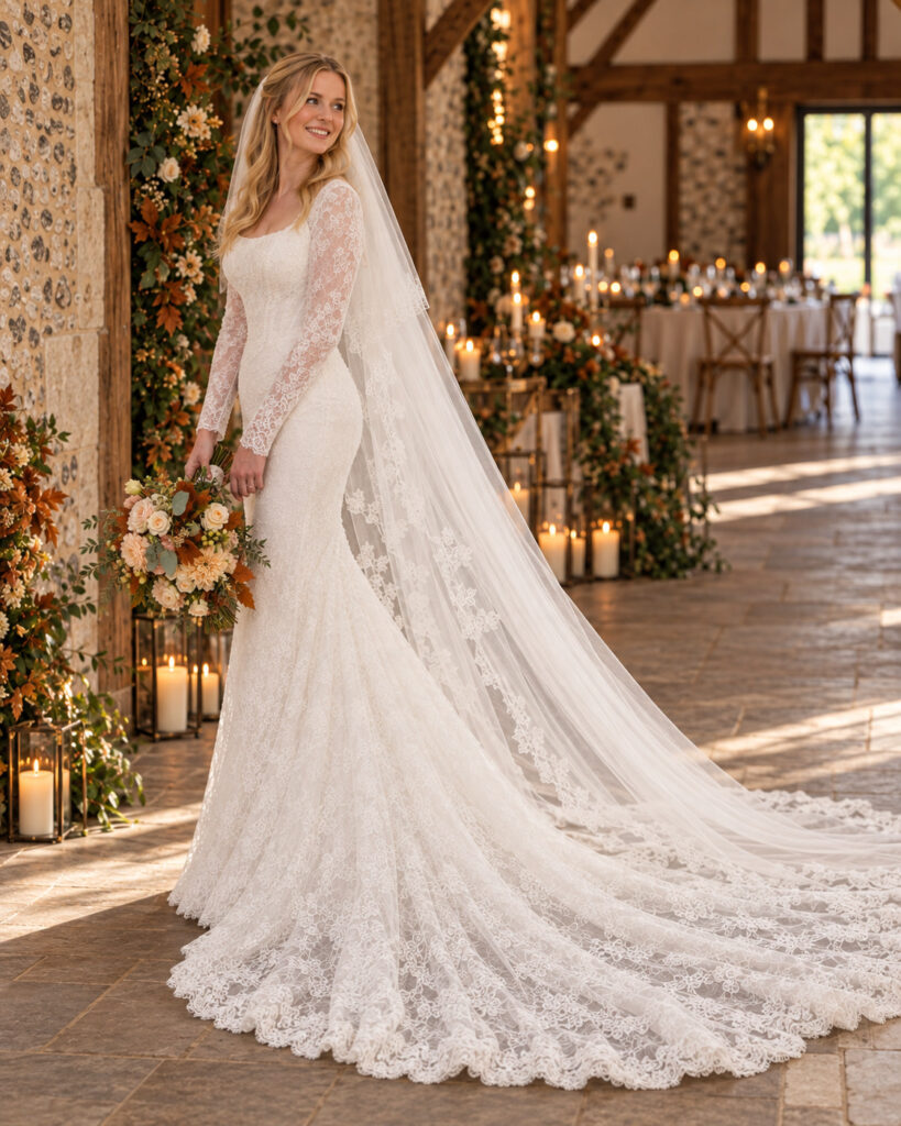 Maggie Sottero Ariadne lace sleeve and shoulder alterations showing precise alterations during bridal fitting in Sutton