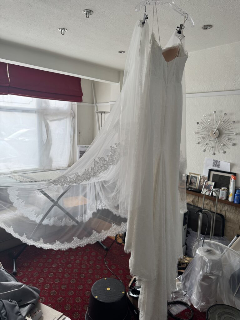 fully steam pressed dress and veil for my cobham bride