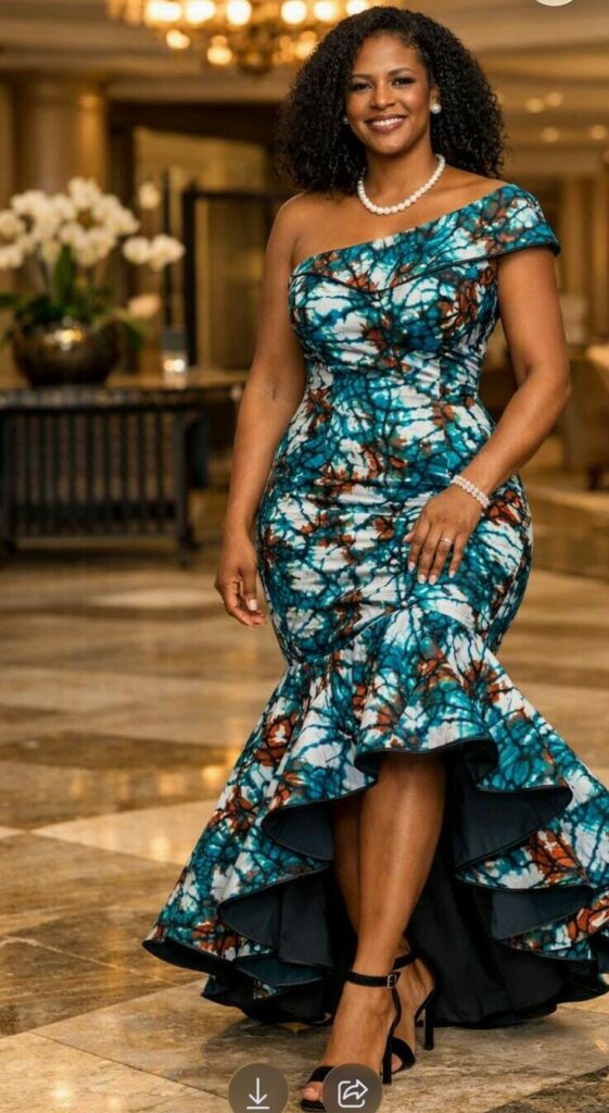 Design inspiration showing a one-shoulder wax-print gown with a dramatic high-low hem.
